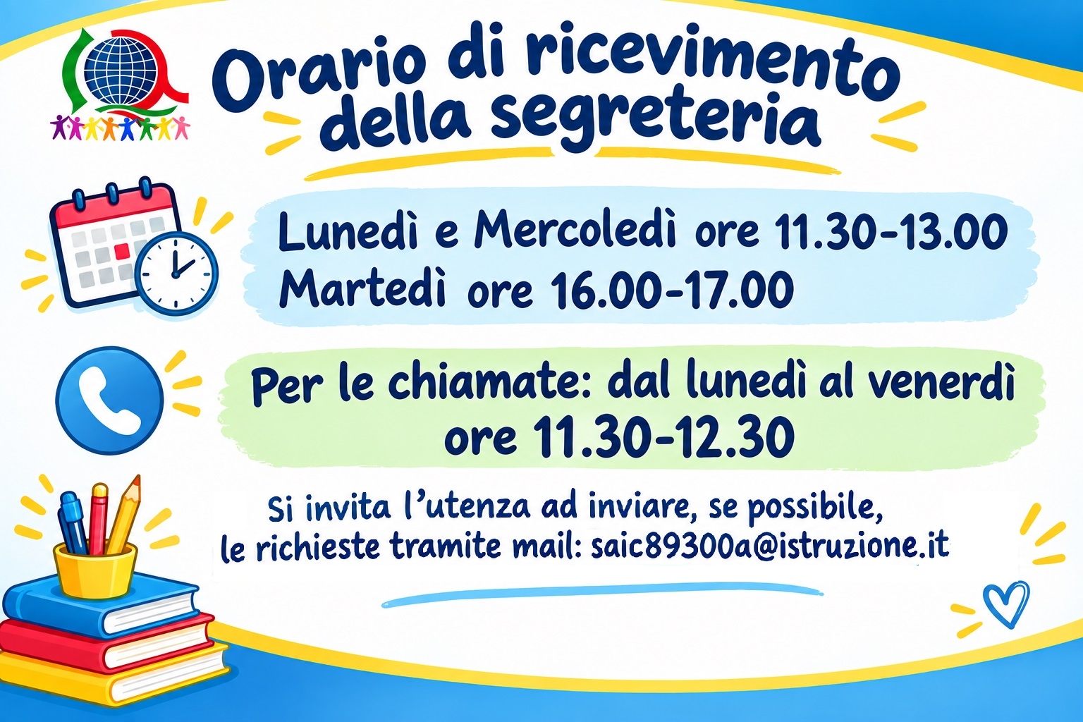 Orario di ricevimento della segreteria