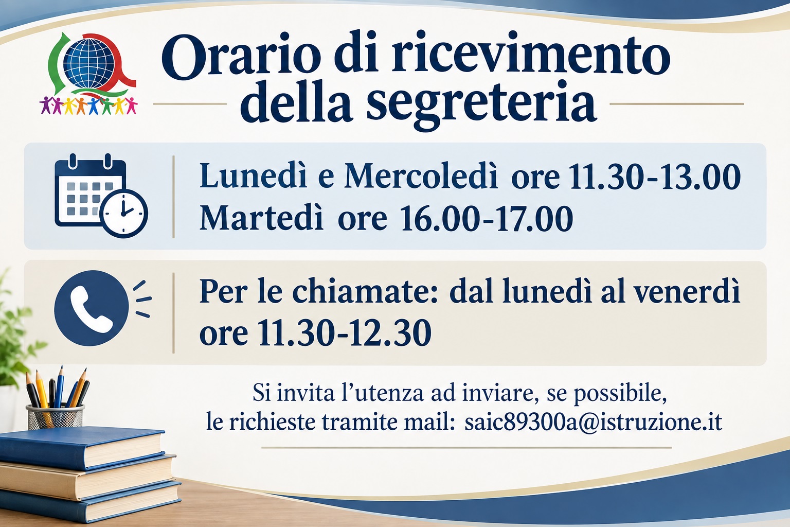 Orario di ricevimento della segreteria