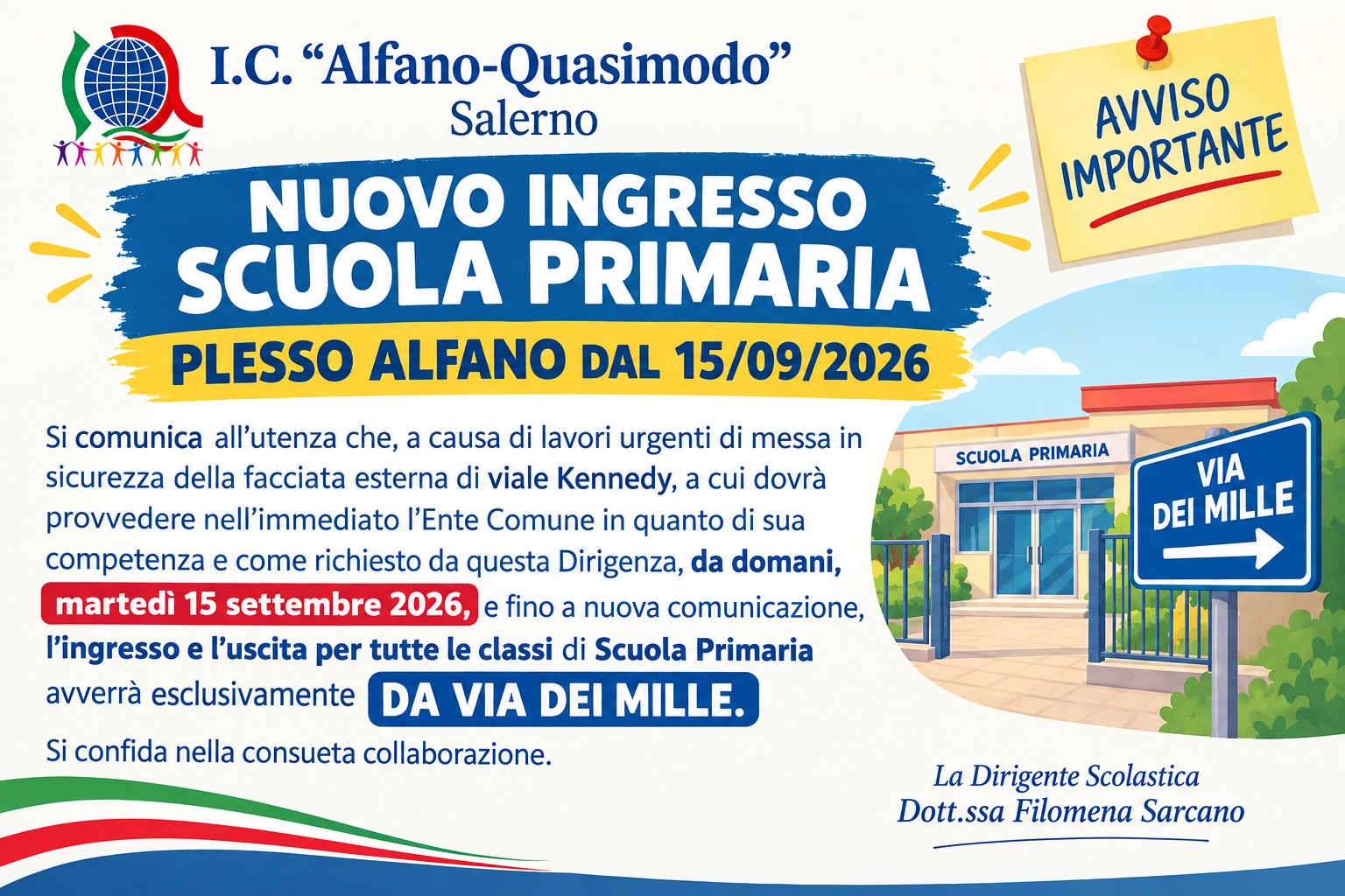 Nuovo ingresso Scuola Primaria - Plesso Alfano dal 15/09/2026