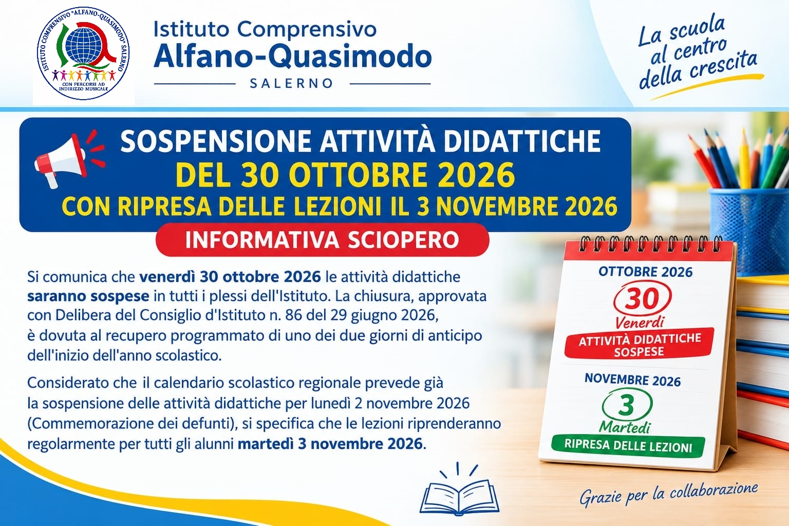 Sospensione attività didattiche del 30 ottobre 2026